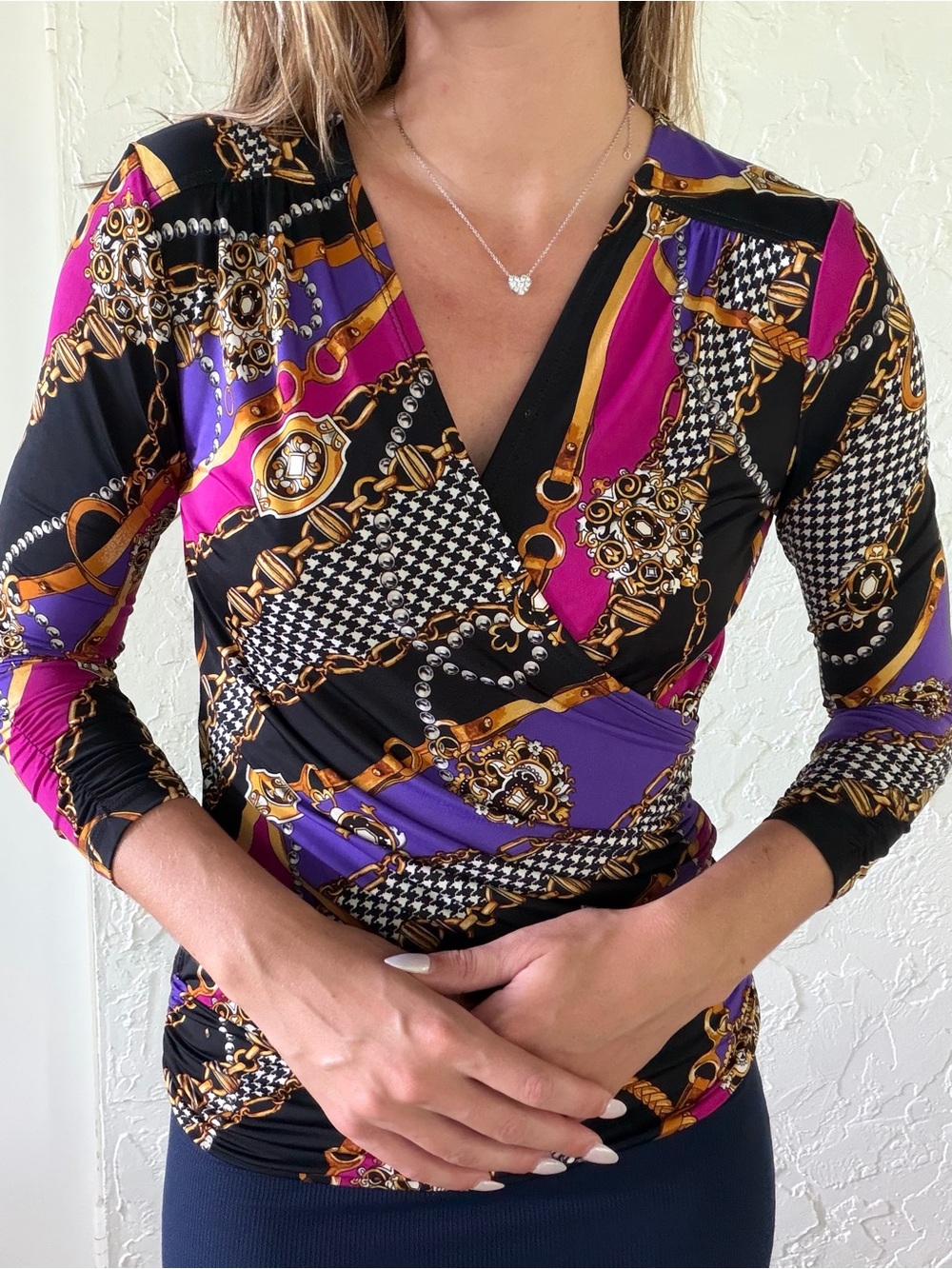 Cache Black Purple Fuchsia Gold Chain-Print Wrap Blouse